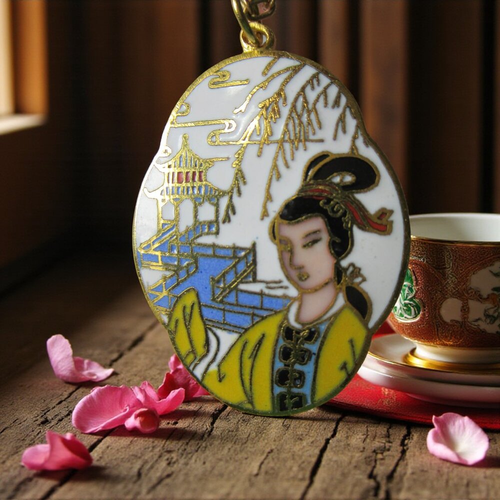 Lady and Pagoda Cloisonne Pendant Chinoiserie Necklace